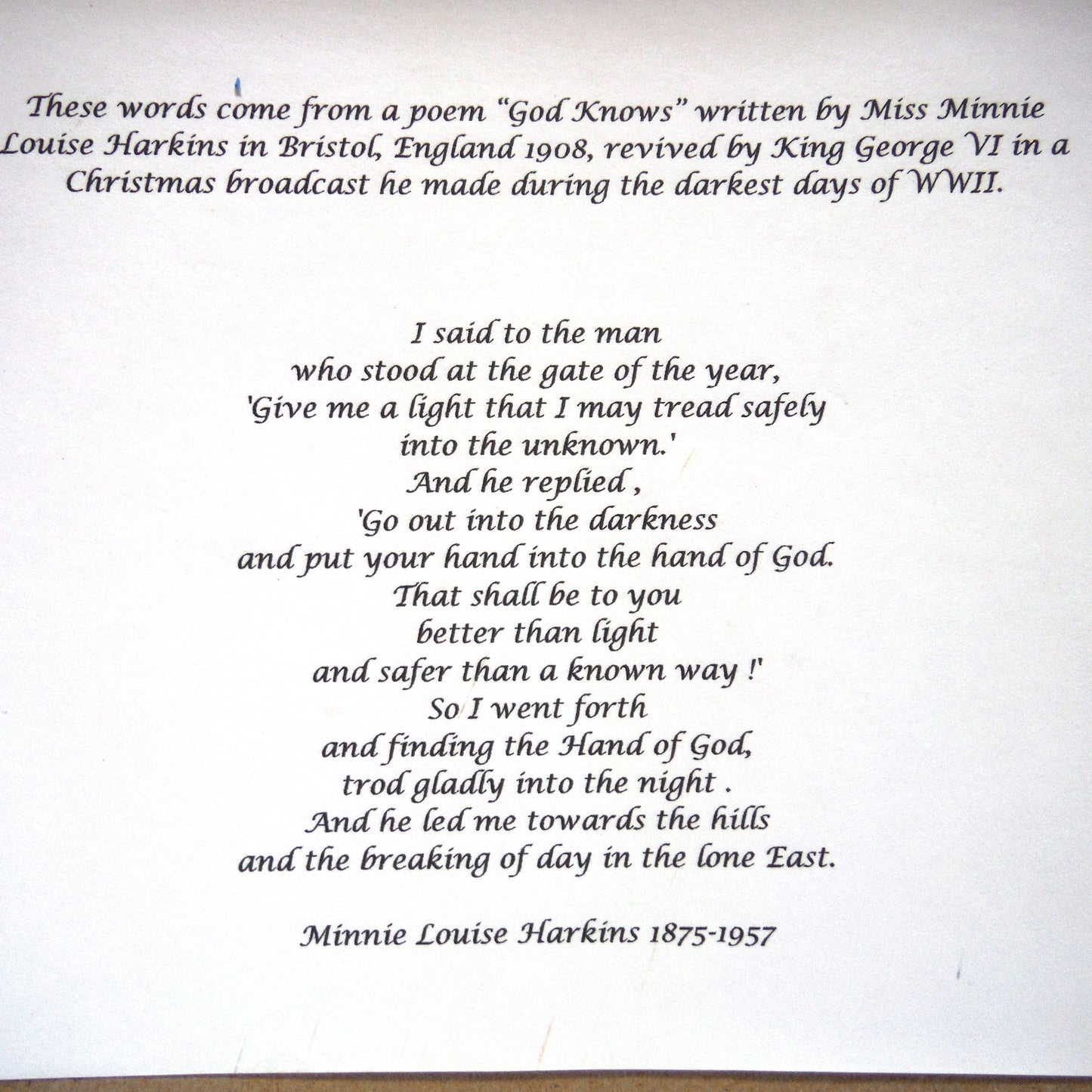 ANTIQUE NEEDLEPOINT HAND-EMBROIDERED GOLD FRAMED PICTURE: The King George VI 'God Knows Poem' 1939 Christmas Message