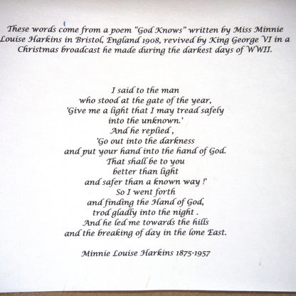 ANTIQUE NEEDLEPOINT HAND-EMBROIDERED GOLD FRAMED PICTURE: The King George VI 'God Knows Poem' 1939 Christmas Message