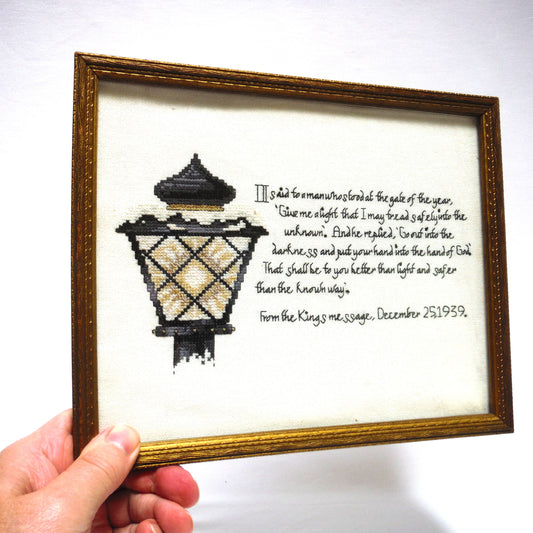 ANTIQUE NEEDLEPOINT HAND-EMBROIDERED GOLD FRAMED PICTURE: The King George VI 'God Knows Poem' 1939 Christmas Message