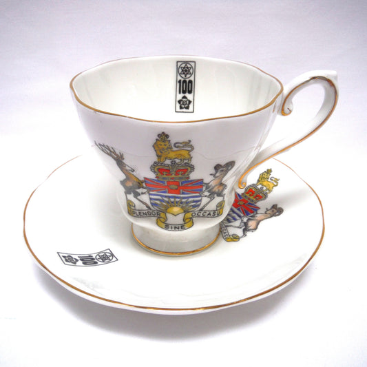 BRITISH COLUMBIA 100th ANNIVERSARY 1958 TEA CUPS and SAUCERS, by Royal Grafton Fine Bone China of England.  (Priced Individually)