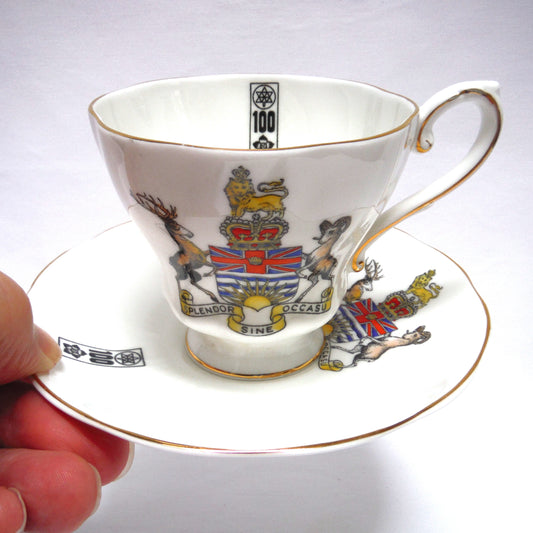 BRITISH COLUMBIA 100th ANNIVERSARY 1958 TEA CUPS and SAUCERS, by Royal Grafton Fine Bone China of England.  (Priced Individually)