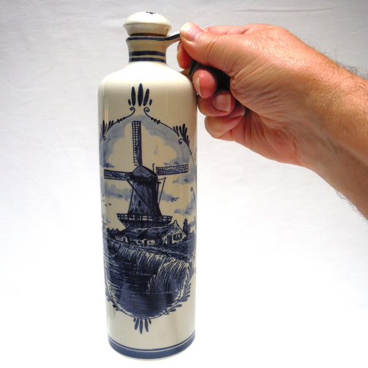 VINTAGE DELFT WINE DECANTER: Bols Hand-Painted Windmill Scene, with Original Cork and Ceramic Cap