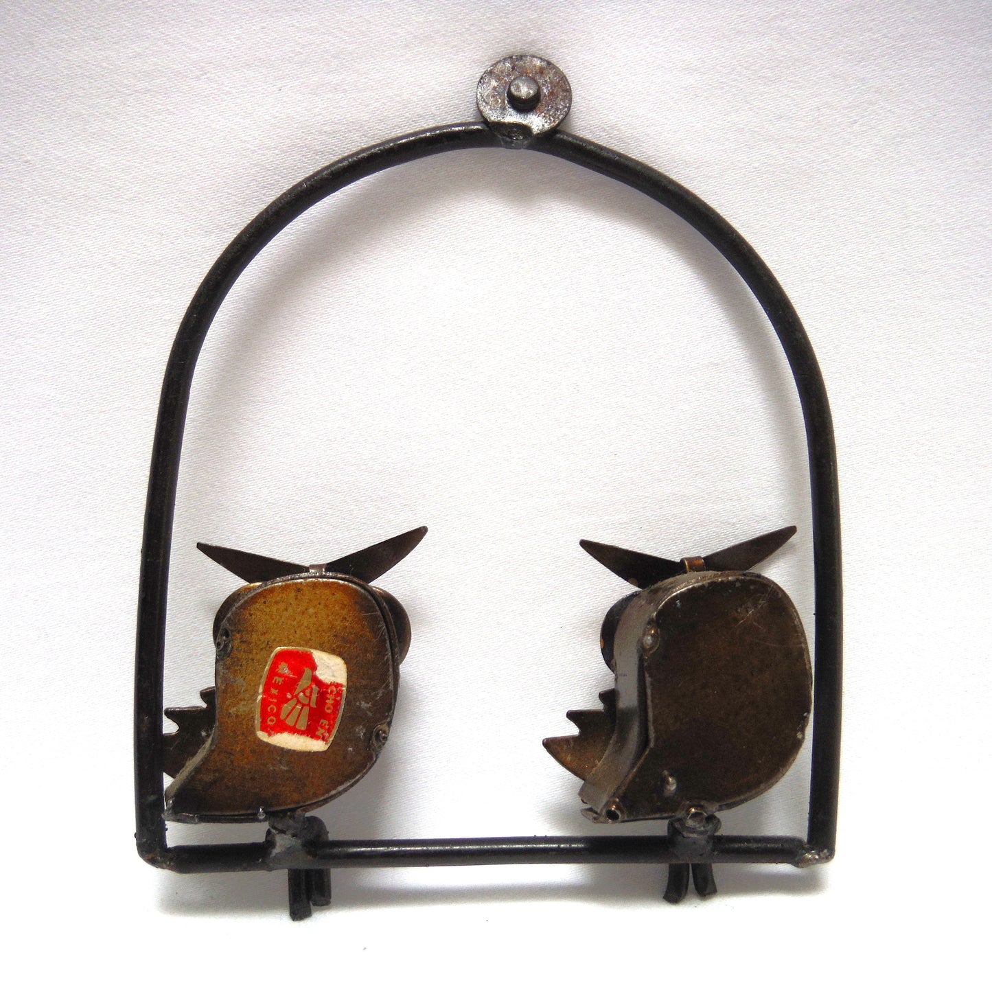 CONTEMPORARY MEXICAN METAL SCULPTURE: Small Mexican Hand-Made and Hand-Welded Steel & Brass Sculpture Entitled 'Two Owls on a Swing'
