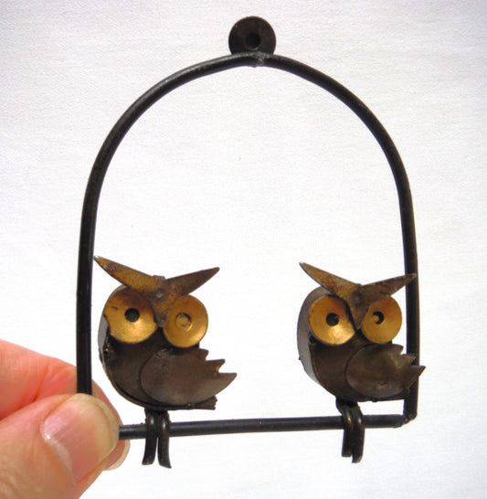 CONTEMPORARY MEXICAN METAL SCULPTURE: Small Mexican Hand-Made and Hand-Welded Steel & Brass Sculpture Entitled 'Two Owls on a Swing'