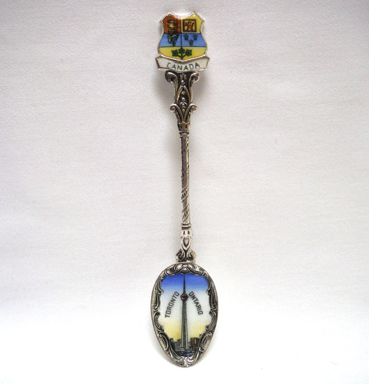 VINTAGE ORNATE CZECHOSLOVAKIA SILVER-PLATED MINIATURE SPOON: Featuring Toronto, Ontario, Canada, Coat of Arms and The CN Tower