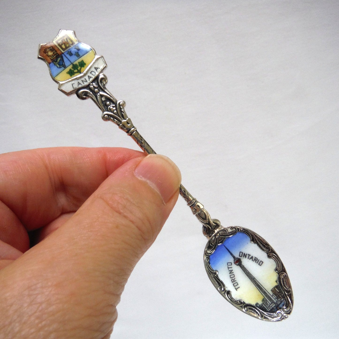VINTAGE ORNATE CZECHOSLOVAKIA SILVER-PLATED MINIATURE SPOON: Featuring Toronto, Ontario, Canada, Coat of Arms and The CN Tower