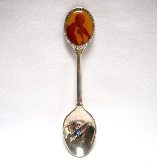 VINTAGE BRITISH SILVER PLATED MINIATURE SPOON: Engaved 'His Holiness Pope John Paul II'