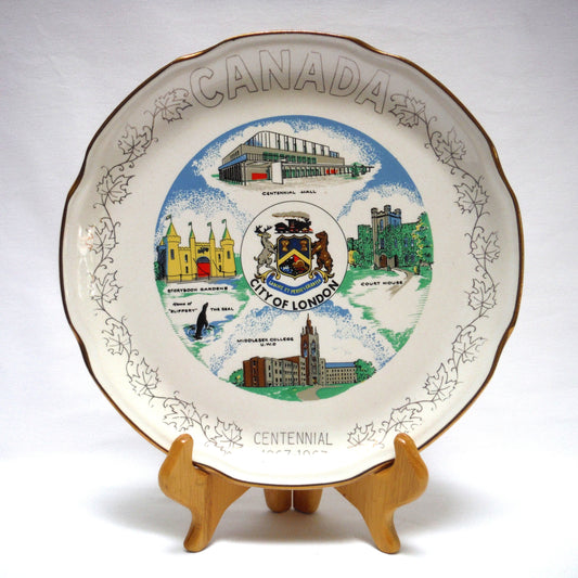 1967 CANADIAN-MADE 100th CENTENNIAL SOUVENIR LARGE PLATE: Featuring Famous Landmarks 1867-1967 from the City of London, Ontario, Canada