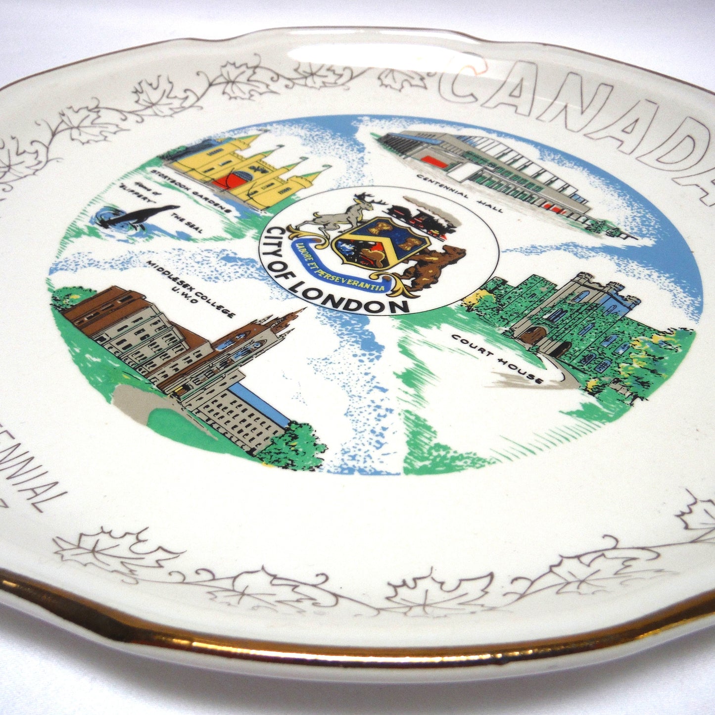 1967 CANADIAN-MADE 100th CENTENNIAL SOUVENIR LARGE PLATE: Featuring Famous Landmarks 1867-1967 from the City of London, Ontario, Canada