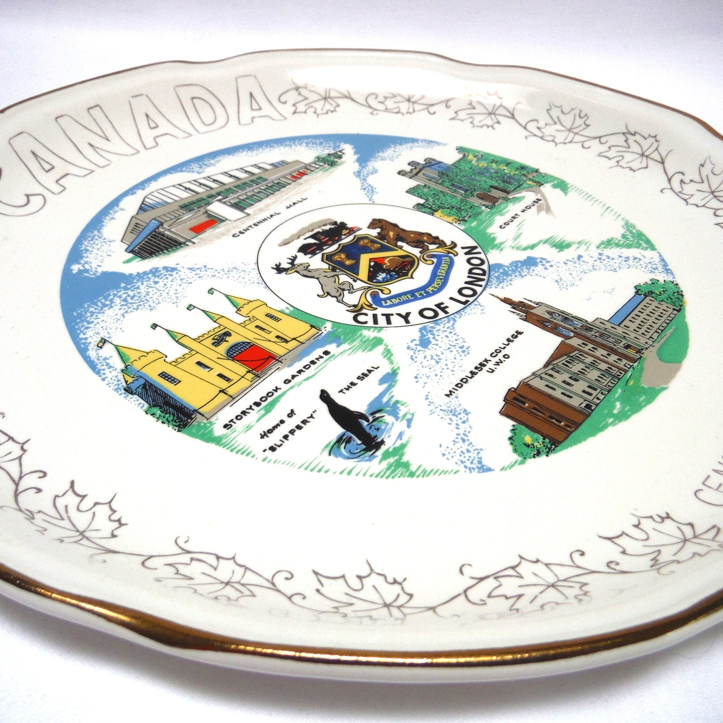 1967 CANADIAN-MADE 100th CENTENNIAL SOUVENIR LARGE PLATE: Featuring Famous Landmarks 1867-1967 from the City of London, Ontario, Canada