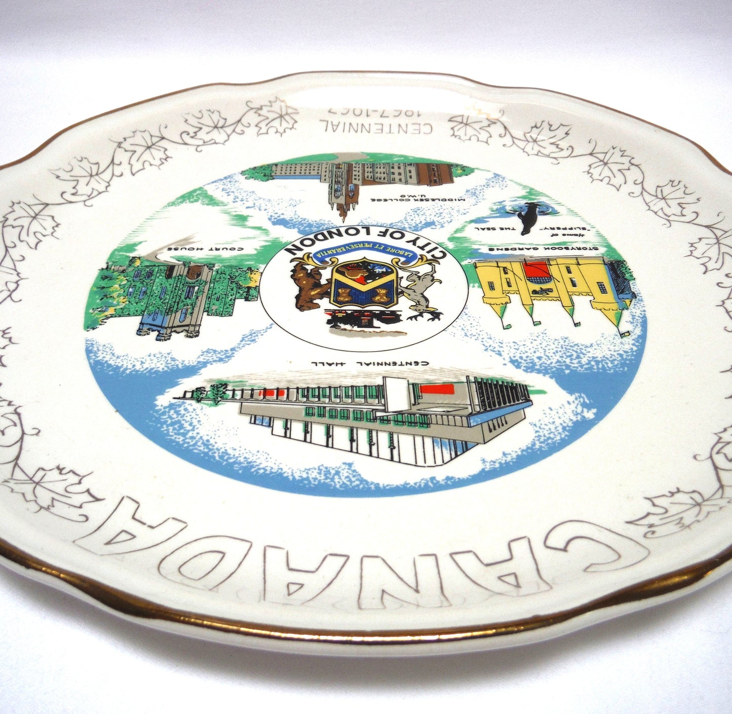 1967 CANADIAN-MADE 100th CENTENNIAL SOUVENIR LARGE PLATE: Featuring Famous Landmarks 1867-1967 from the City of London, Ontario, Canada