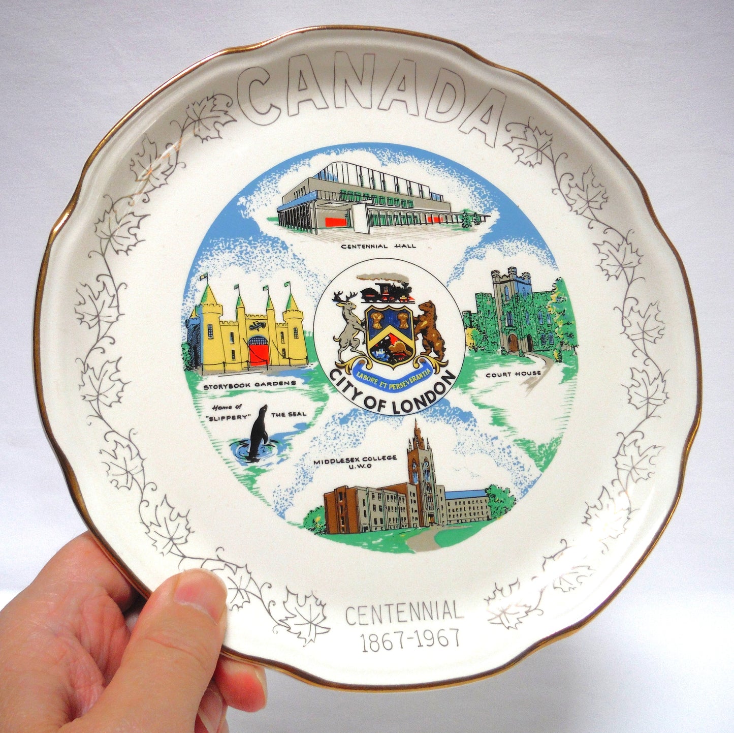 1967 CANADIAN-MADE 100th CENTENNIAL SOUVENIR LARGE PLATE: Featuring Famous Landmarks 1867-1967 from the City of London, Ontario, Canada