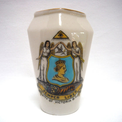 ANTIQUE MINIATURE VASE, by the Famous W.H. Goss of England: CITY OF VICTORIA, B.C., Semper Liber, Queen Victoria, Masonic Lodge, Eye, Angels, and more!