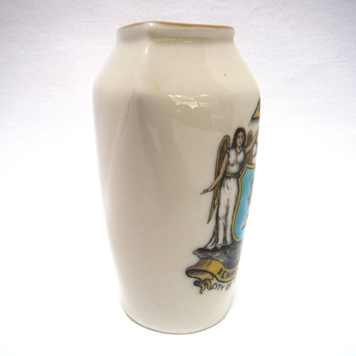 ANTIQUE MINIATURE VASE, by the Famous W.H. Goss of England: CITY OF VICTORIA, B.C., Semper Liber, Queen Victoria, Masonic Lodge, Eye, Angels, and more!