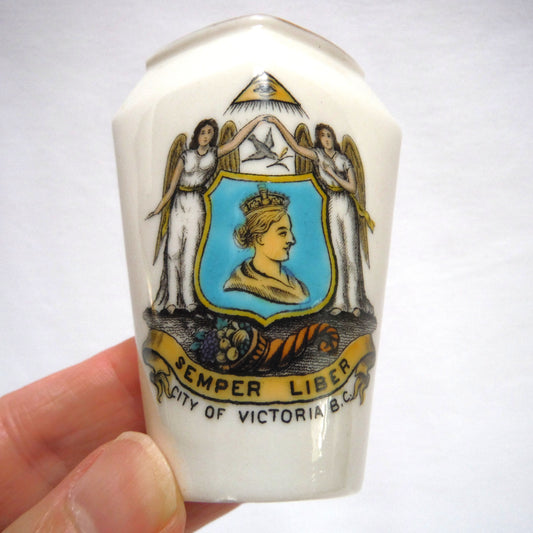 ANTIQUE MINIATURE VASE, by the Famous W.H. Goss of England: CITY OF VICTORIA, B.C., Semper Liber, Queen Victoria, Masonic Lodge, Eye, Angels, and more!