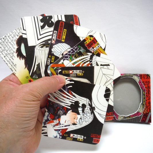 JAPANESE FINE ARTS: Package of SIX Coaster-Like Artwork Full Colour Samurai Cartoon Style Cardboard Cards