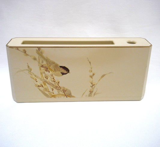 OTAGIRI LACQUERWARE DESKTOP ORGANIZER PAD AND PEN HOLDER, in a stunning taupe and gold chickadee from Japan!