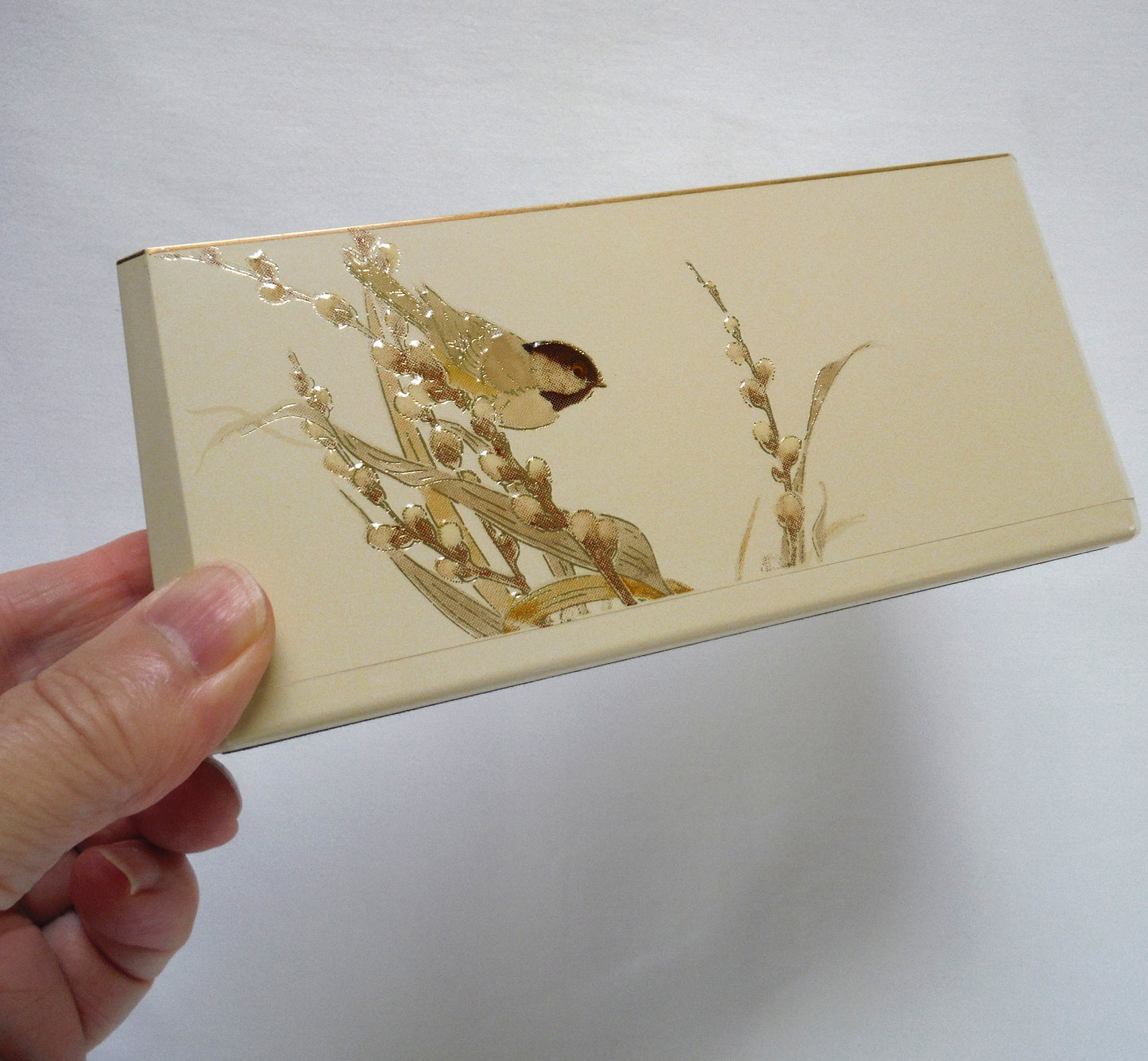 OTAGIRI LACQUERWARE DESKTOP ORGANIZER PAD AND PEN HOLDER, in a stunning taupe and gold chickadee from Japan!