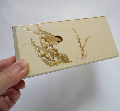 OTAGIRI LACQUERWARE DESKTOP ORGANIZER PAD AND PEN HOLDER, in a stunning taupe and gold chickadee from Japan!
