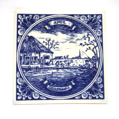 Vintage Delft Blue Square Small Wall Tile: Entitled APRIL - GRASMAAND, Made in Holland