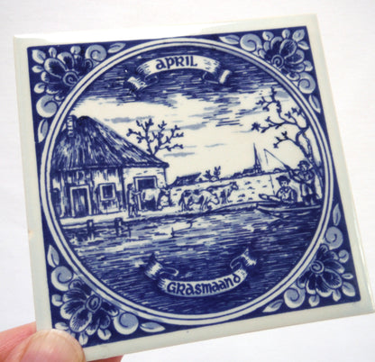 Vintage Delft Blue Square Small Wall Tile: Entitled APRIL - GRASMAAND, Made in Holland