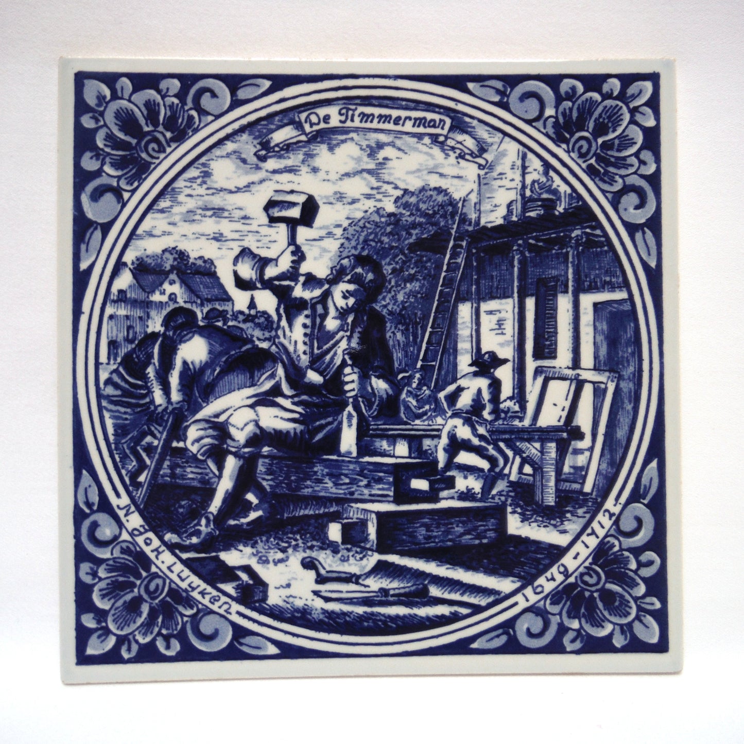 Vintage Hand Painted DELFT BLUE 6 x 6 inch Ceramic Tile: 'De Timmerman'