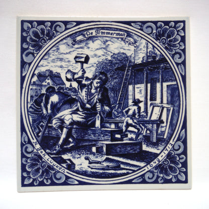 Vintage Hand Painted DELFT BLUE 6 x 6 inch Ceramic Tile: 'De Timmerman'