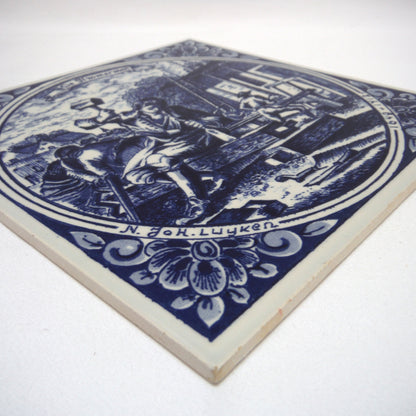 Vintage Hand Painted DELFT BLUE 6 x 6 inch Ceramic Tile: 'De Timmerman'