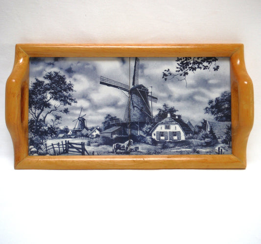 Rare Vintage Small Double Tile Oak Trimmed DELFT BLUE SERVING TRAY, Hand Decorated by Ter Steege in Holland