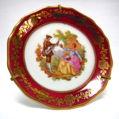 LIMOGE DECORATIVE MINI 3.5 Inch PLATE with Wire Brass Stand: 'A COURTING COUPLE'