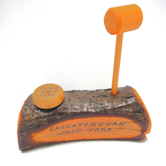 SASKATCHEWAN WASP TRAP: A Mid-Century Hand-Made Canadian Vintage Novelty Souvenir Live-Edge Mini Log and Wasp Squisher!