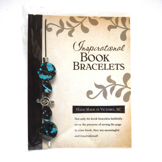 CONTEMPORARY INSPIRATIONAL BOOK BRACELET: Hand Made in Victoria, British Columbia: Aqua Blue and Black Beads with Silver Charms