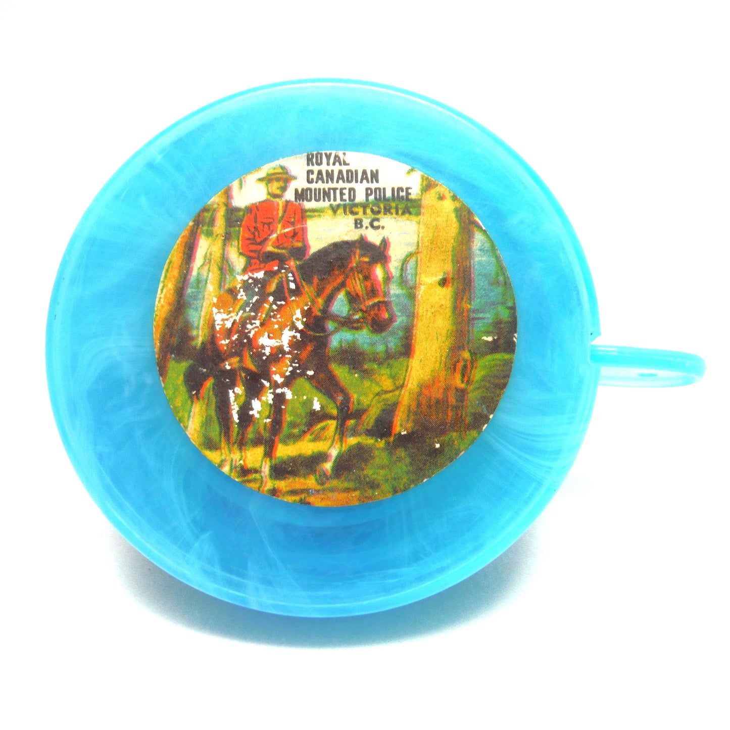 Vintage Portable Collapsing Travel Mug in Turquoise Blue: ROYAL CANADIAN MOUNTED POLICE, by "Collaps-A-Mug" of Hong Kong