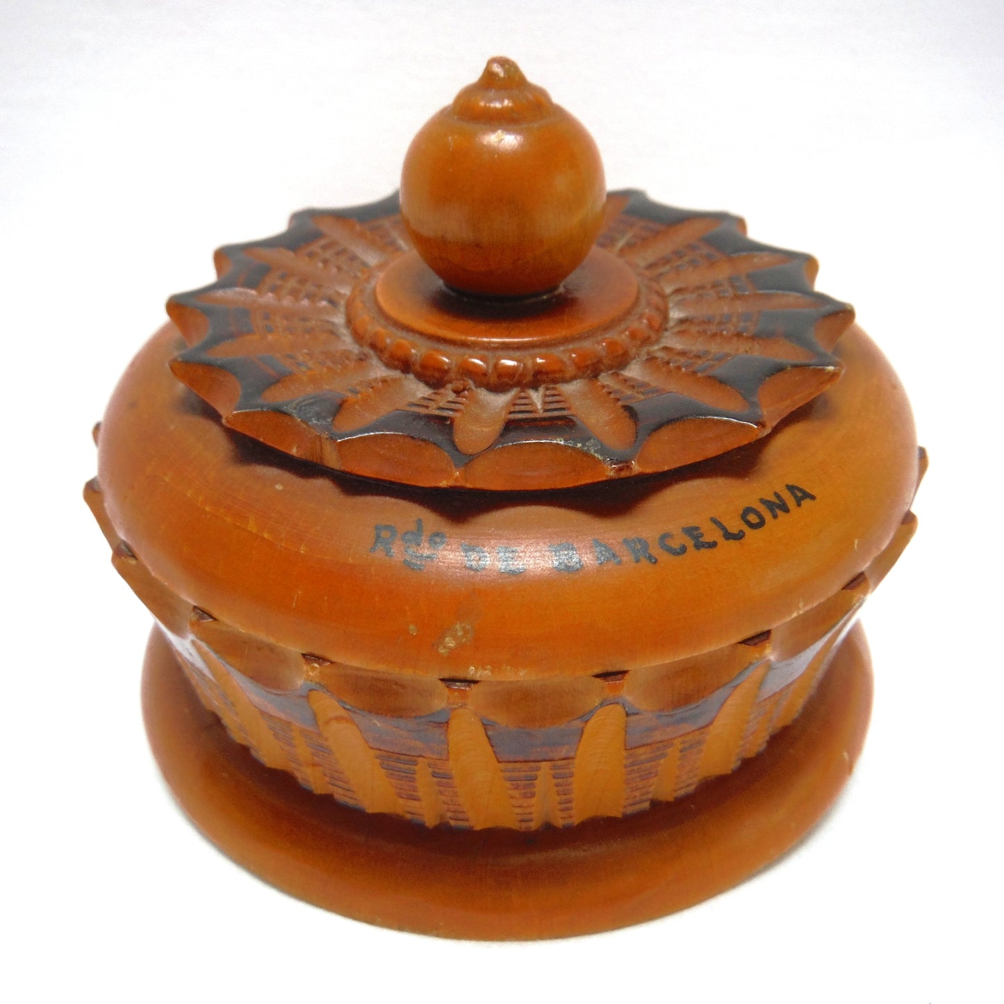 Mid-Century Wooden Hand-Turned and Carved Covered Trinket Souvenir Bowl: 'BARCELONA, SPAIN'