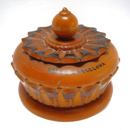 Mid-Century Wooden Hand-Turned and Carved Covered Trinket Souvenir Bowl: 'BARCELONA, SPAIN'