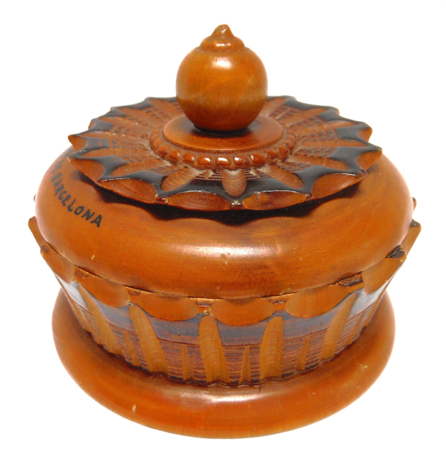 Mid-Century Wooden Hand-Turned and Carved Covered Trinket Souvenir Bowl: 'BARCELONA, SPAIN'