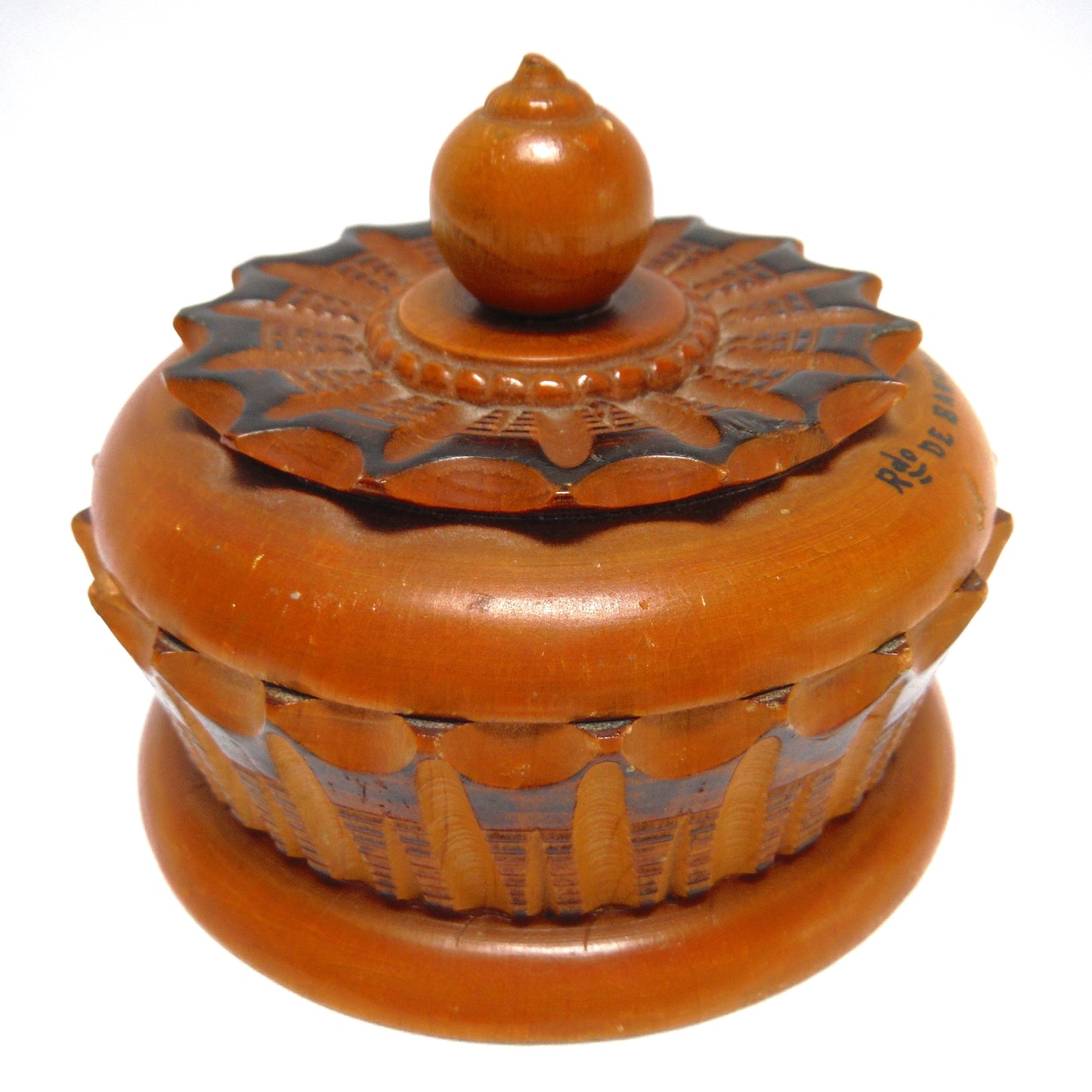 Mid-Century Wooden Hand-Turned and Carved Covered Trinket Souvenir Bowl: 'BARCELONA, SPAIN'