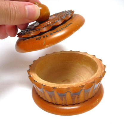 Mid-Century Wooden Hand-Turned and Carved Covered Trinket Souvenir Bowl: 'BARCELONA, SPAIN'