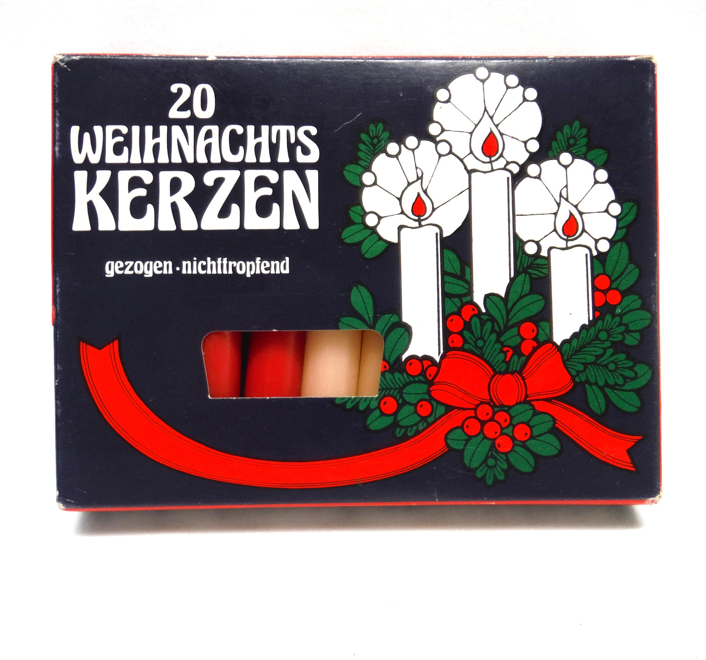 BOX of 18 VINTAGE FOUR-INCH CHRISTMAS CANDLES: 20 Weihnachts Kerzen, gezogen-nichttropfend Western Germany
