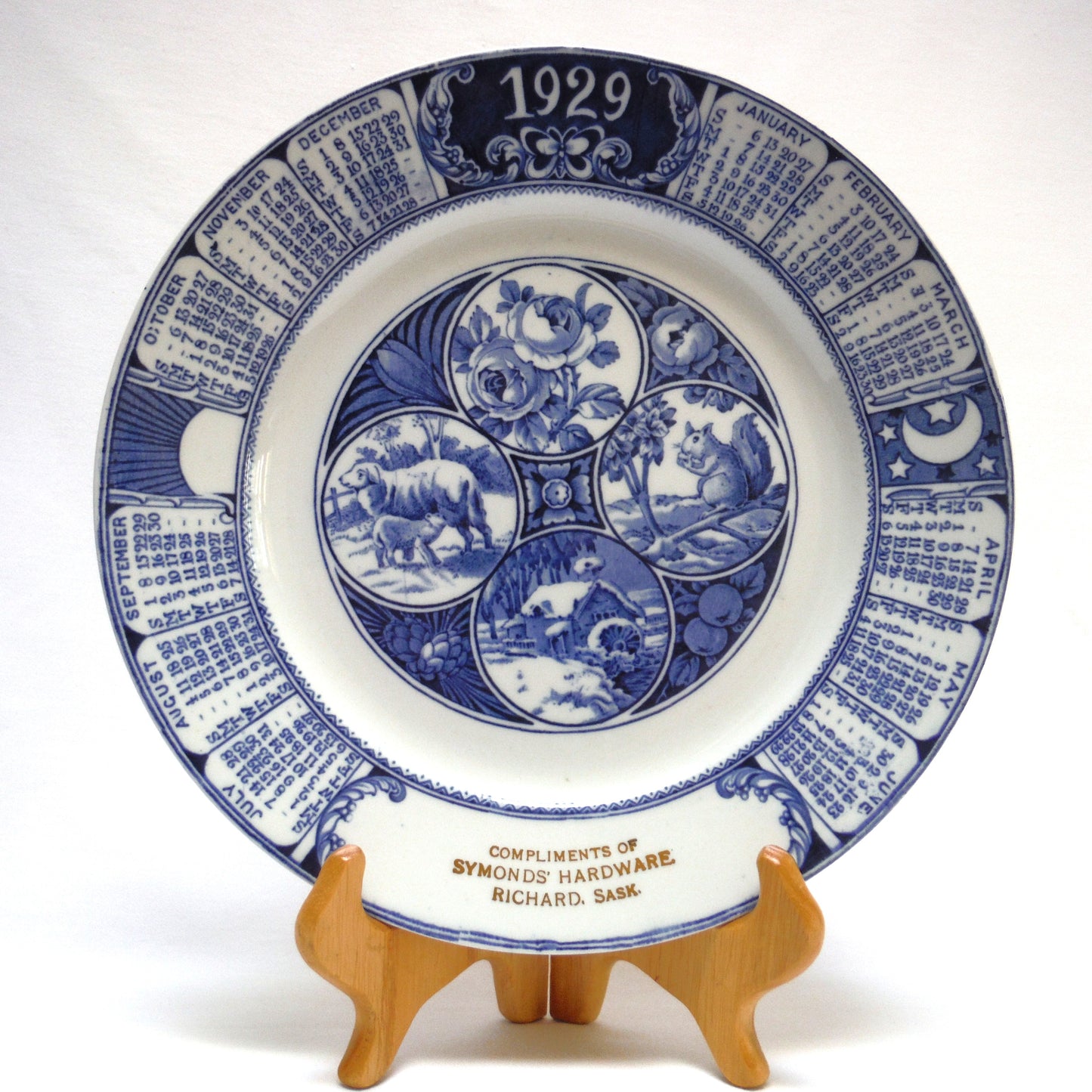1929 Antique Decorative Calendar Plate by WOODS BURSLEM of ENGLAND: Gold Imprinted for Symonds' Hardware, Richard, Saskatchewan
