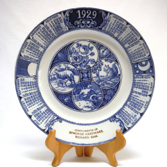 1929 Antique Decorative Calendar Plate by WOODS BURSLEM of ENGLAND: Gold Imprinted for Symonds' Hardware, Richard, Saskatchewan