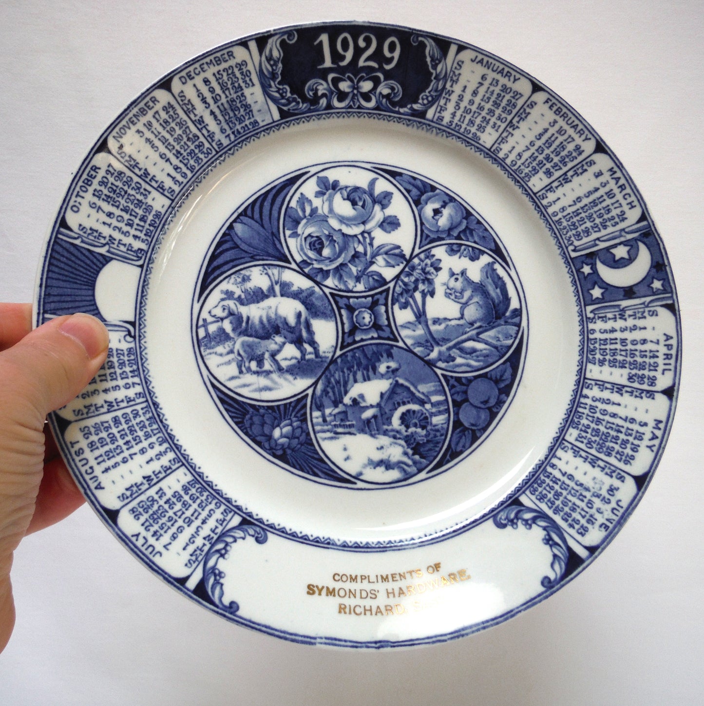 1929 Antique Decorative Calendar Plate by WOODS BURSLEM of ENGLAND: Gold Imprinted for Symonds' Hardware, Richard, Saskatchewan