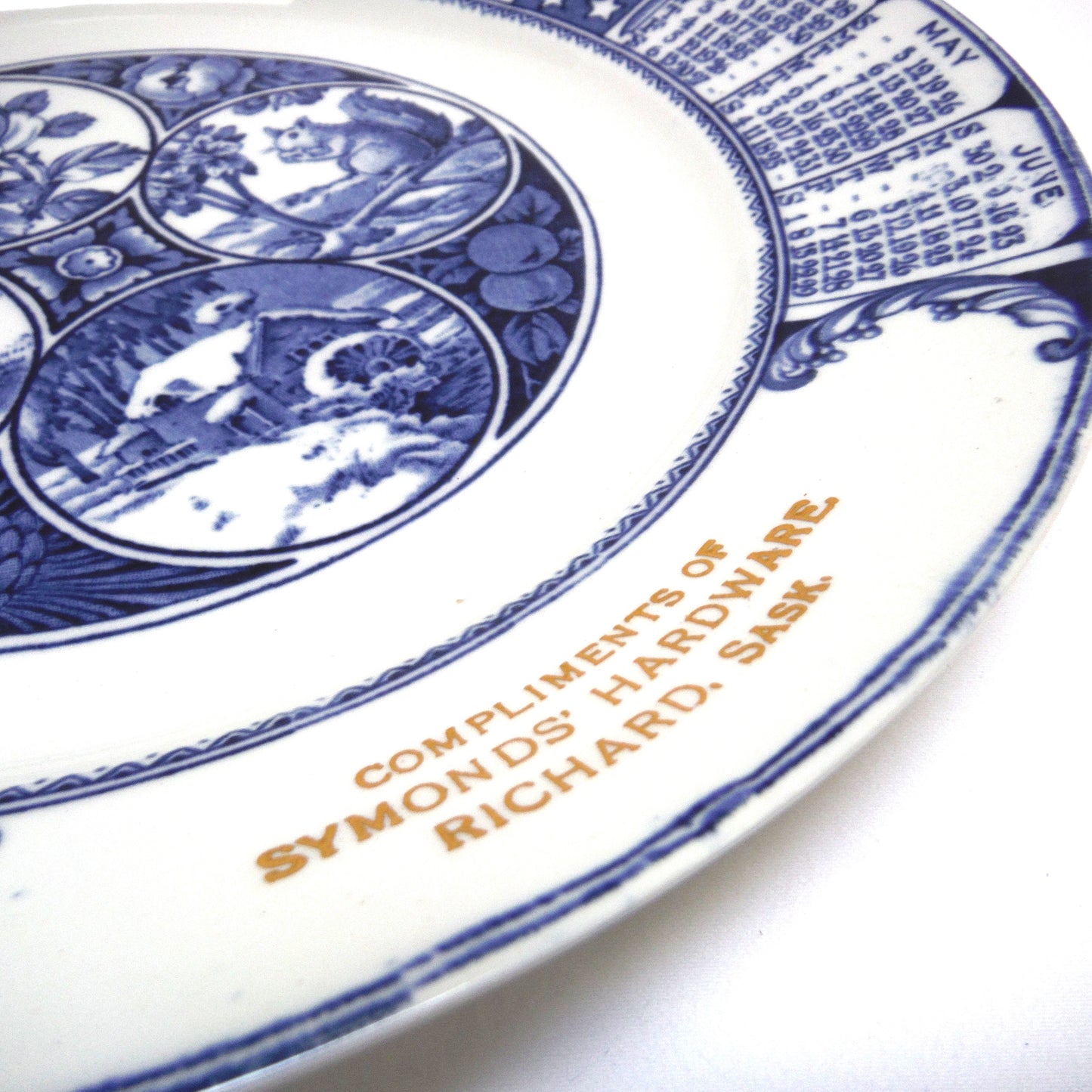 1929 Antique Decorative Calendar Plate by WOODS BURSLEM of ENGLAND: Gold Imprinted for Symonds' Hardware, Richard, Saskatchewan
