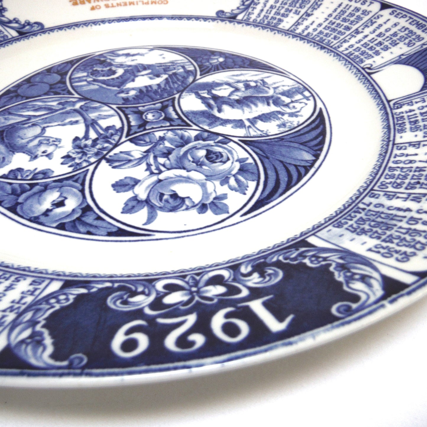 1929 Antique Decorative Calendar Plate by WOODS BURSLEM of ENGLAND: Gold Imprinted for Symonds' Hardware, Richard, Saskatchewan