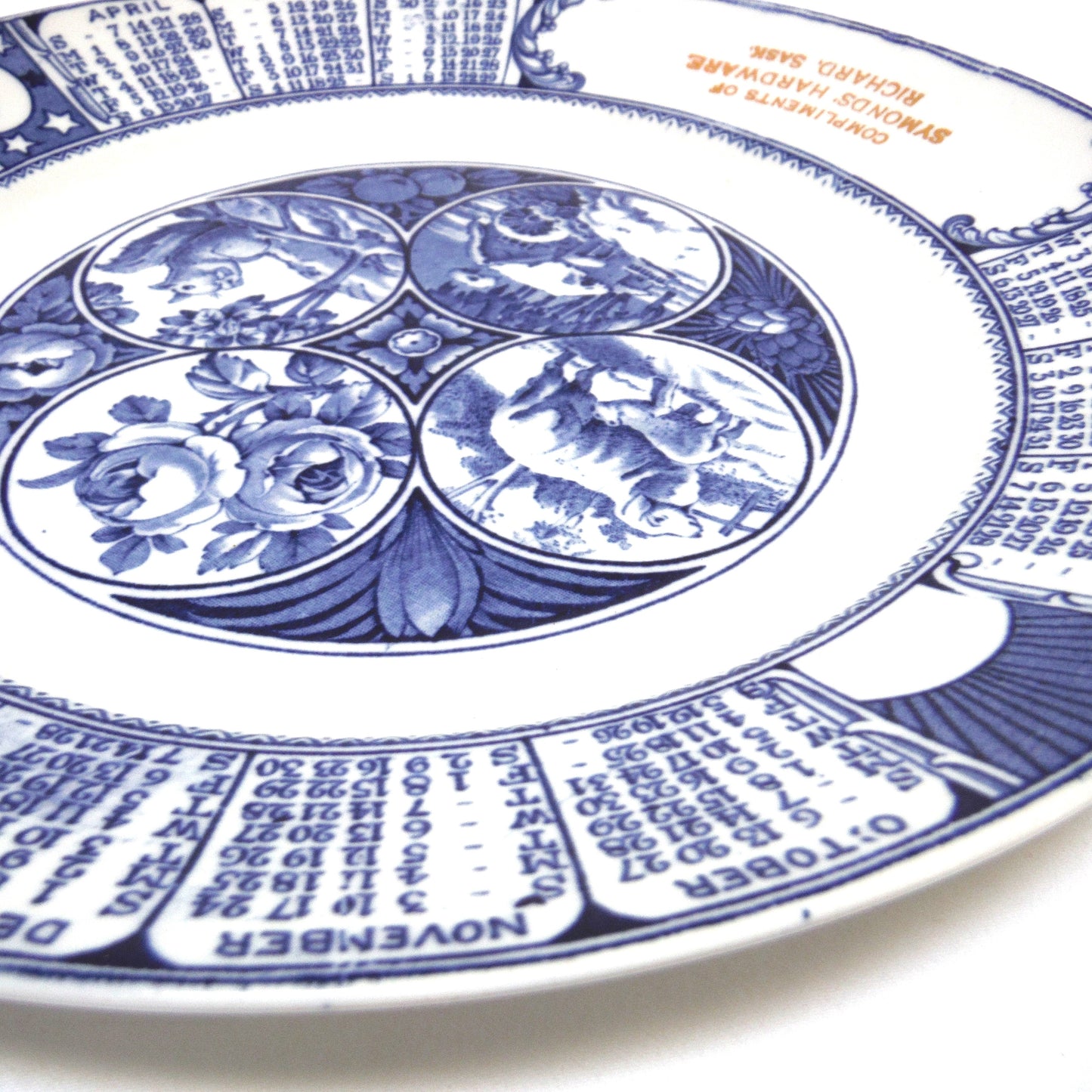1929 Antique Decorative Calendar Plate by WOODS BURSLEM of ENGLAND: Gold Imprinted for Symonds' Hardware, Richard, Saskatchewan