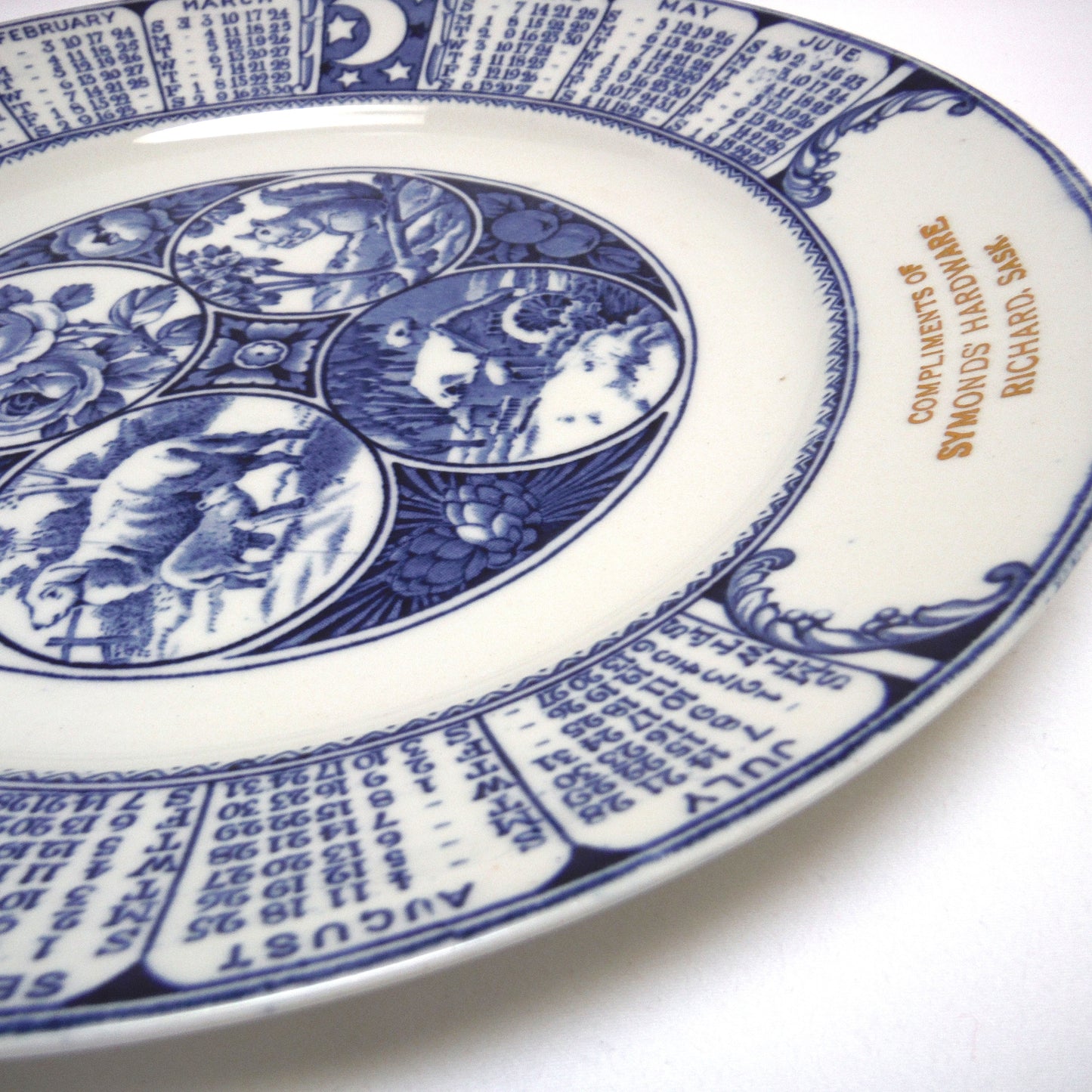1929 Antique Decorative Calendar Plate by WOODS BURSLEM of ENGLAND: Gold Imprinted for Symonds' Hardware, Richard, Saskatchewan
