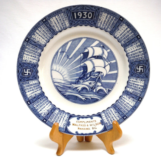 1930 Antique Decorative Calendar Plate by WOODS and SONS of ENGLAND: Gold Imprinted for Malpass and Wilson, Nanaimo, BC