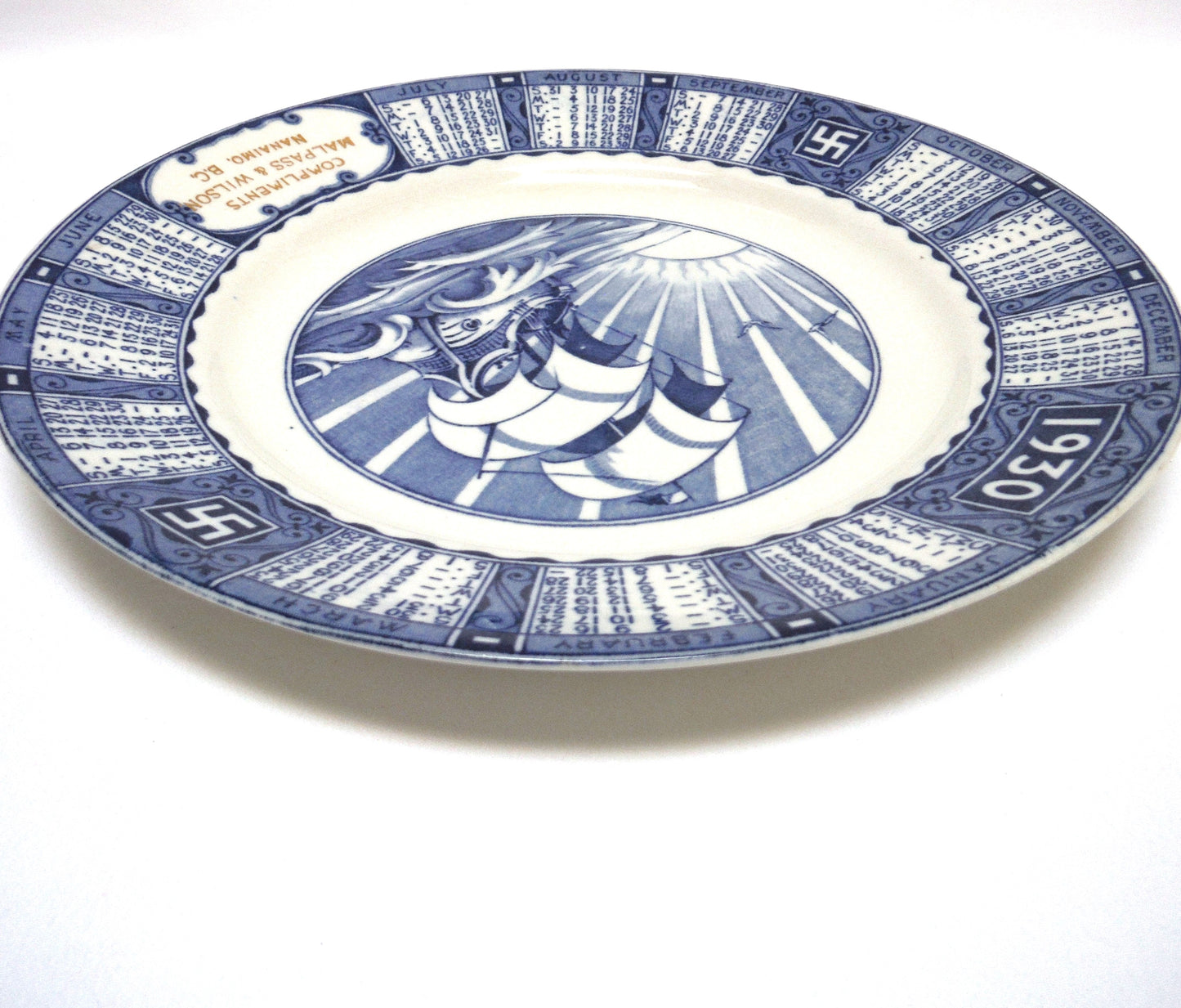 1930 Antique Decorative Calendar Plate by WOODS and SONS of ENGLAND: Gold Imprinted for Malpass and Wilson, Nanaimo, BC