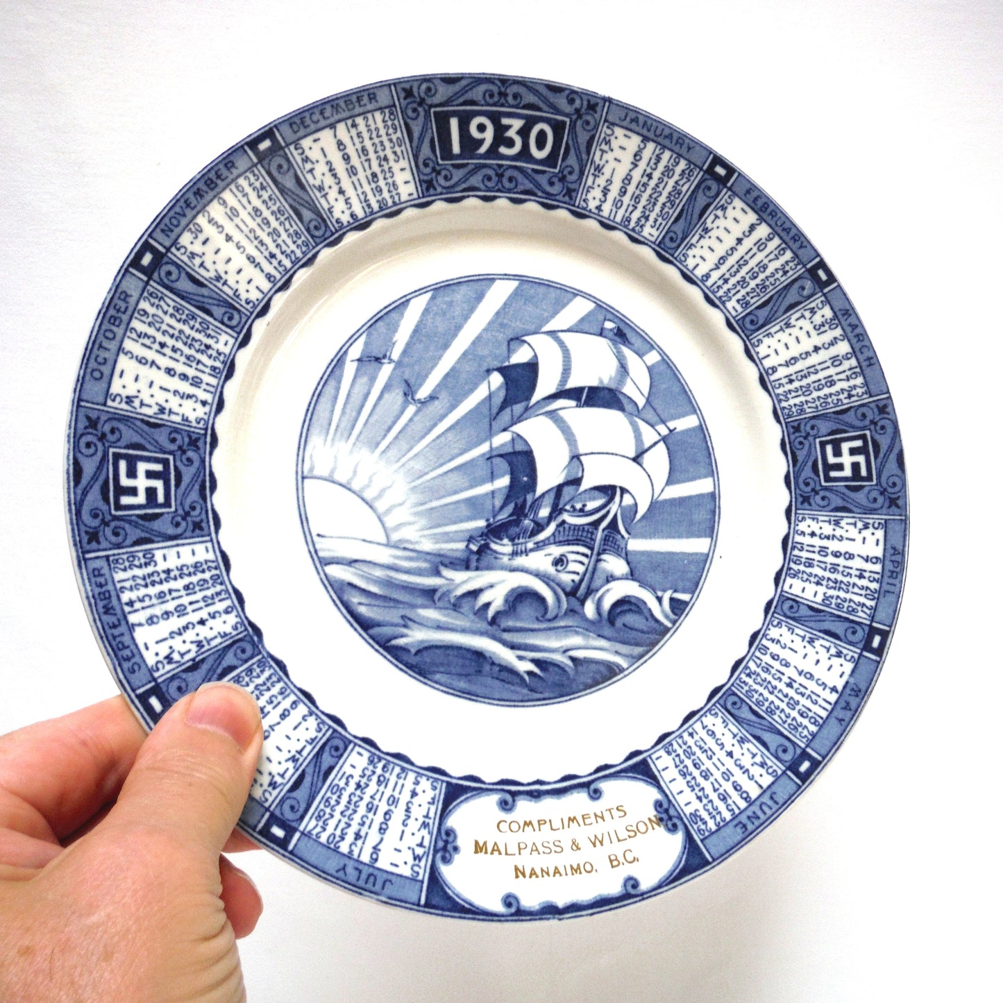 1930 Antique Decorative Calendar Plate by WOODS and SONS of ENGLAND: Gold Imprinted for Malpass and Wilson, Nanaimo, BC