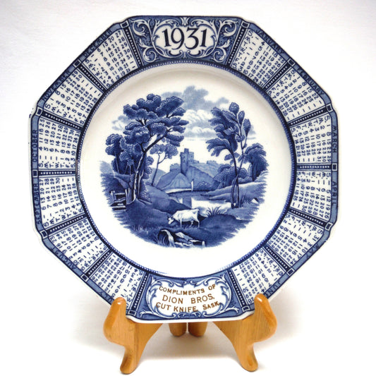 1931 Antique Decorative Calendar Plate by WOODS BURSLEM of ENGLAND: Gold Imprinted for Dion Bros. of Cut Knife, Saskatchewan